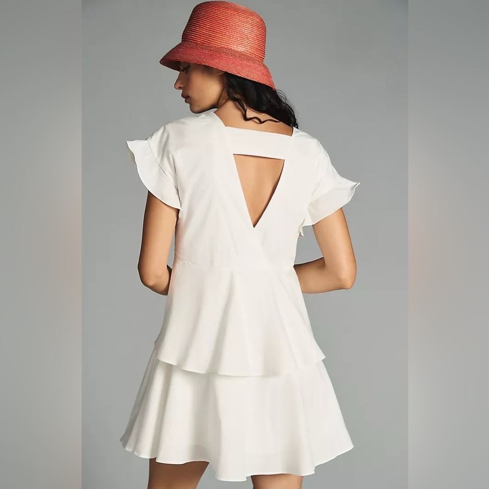 Anthropologie Ruffled V-Neck White Mini Dress size XS *NWT* - Picture 2 of 13
